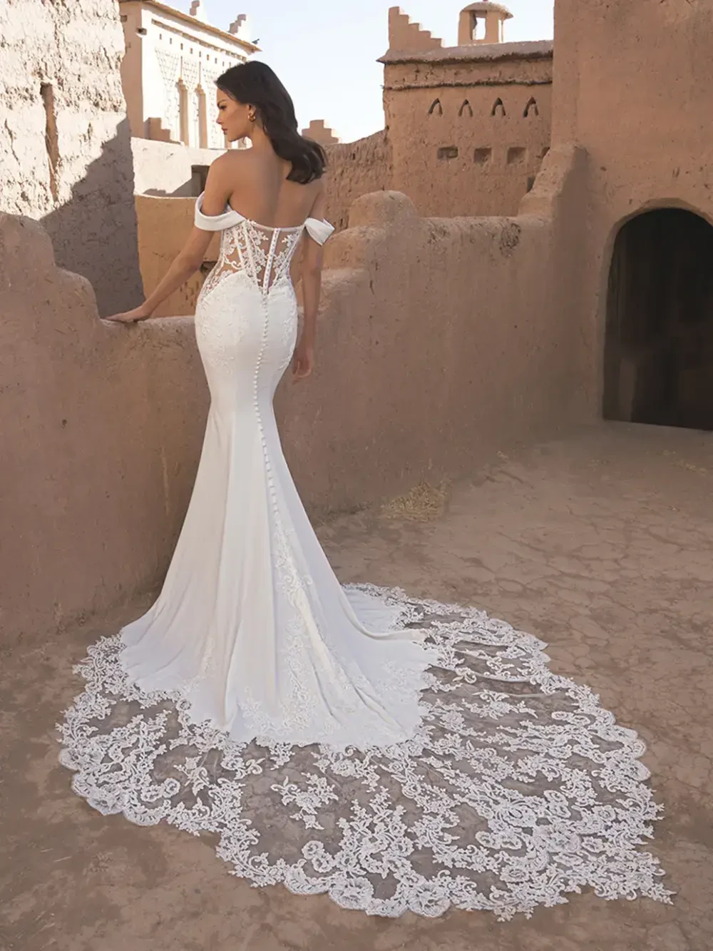 A woman in a white wedding dress with a long lace train stands with her back to the camera against a textured, earthen wall in a desert-like environment.